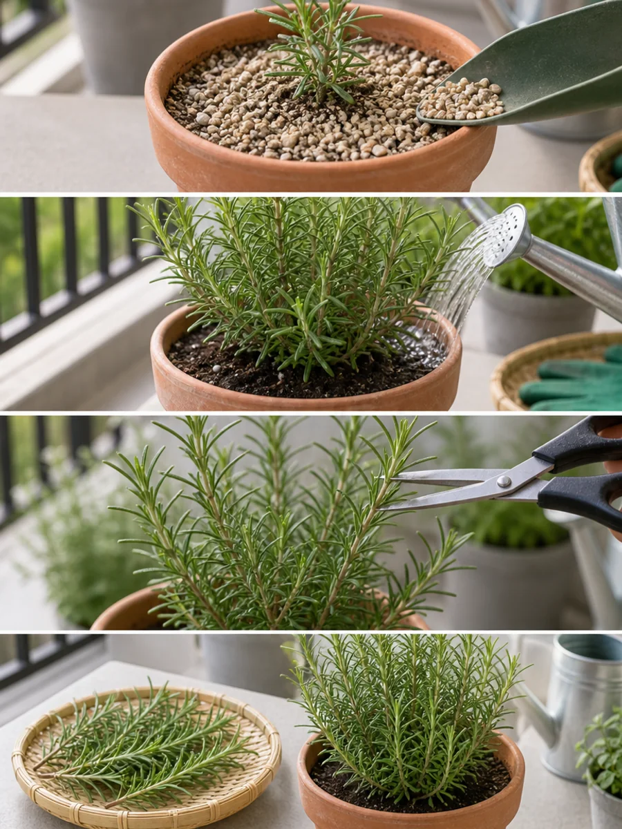 ローズマリーの苗植えから剪定、収穫、植え替えまでの流れをまとめた縦長画像