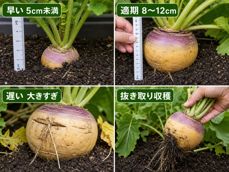 ルタバガの早い5cm未満、適期8〜12cm、遅い大きすぎ、抜き取り収穫を比べる画像