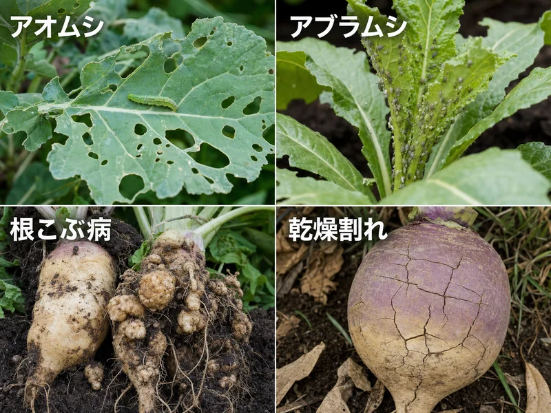 ルタバガのアオムシ、アブラムシ、根こぶ病、乾燥割れをまとめた診断画像