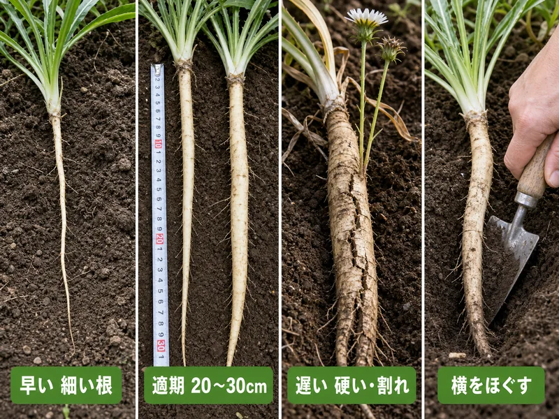 サルシフィの早い細い根、適期20〜30cm、遅い硬い割れ、横をほぐす収穫方法を比べる画像