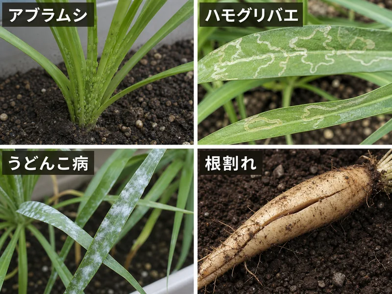 サルシフィのアブラムシ、ハモグリバエ、うどんこ病、根割れをまとめた診断画像