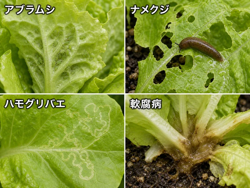 サンチュのアブラムシ、ナメクジ、ハモグリバエ、軟腐病をまとめた診断画像
