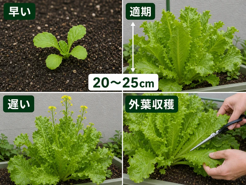 サンチュの早い、適期、遅い、外葉収穫を比較した収穫目安画像