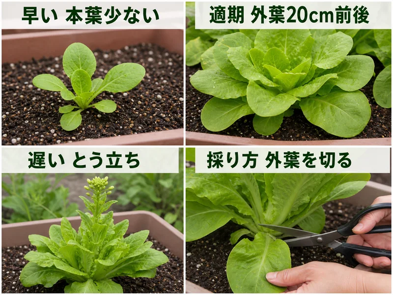 サラダ菜の早い、適期、とう立ち、外葉の採り方を比較した収穫目安画像