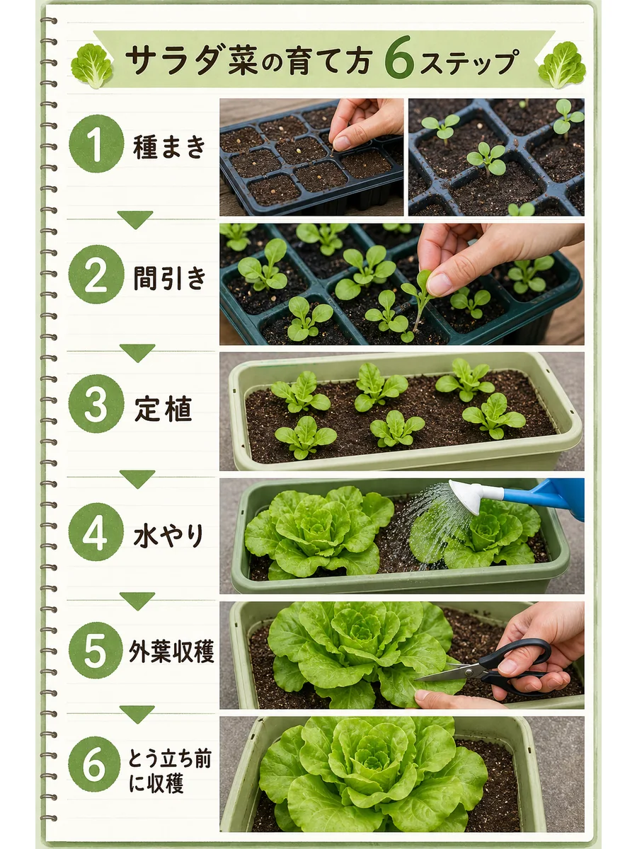 サラダ菜の種まき、間引き、定植、水やり、外葉収穫、とう立ち前の収穫をまとめた縦長画像