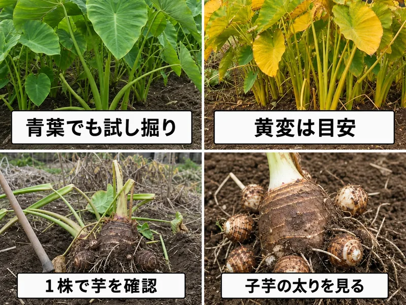 青葉でも試し掘り、黄変は目安、1株で子芋の太りを確認する里芋の収穫判断