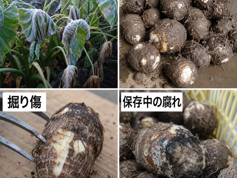 里芋の収穫時期の収穫前後のトラブルを比較した画像
