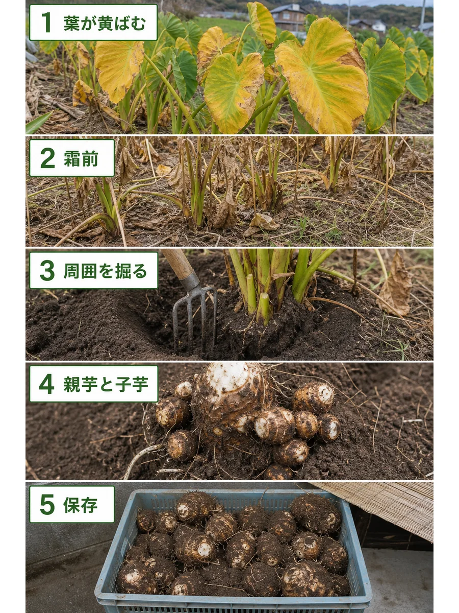 里芋の収穫時期の判断手順をまとめた縦長画像