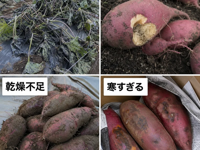 さつまいもの収穫時期の収穫前後のトラブルを比較した画像