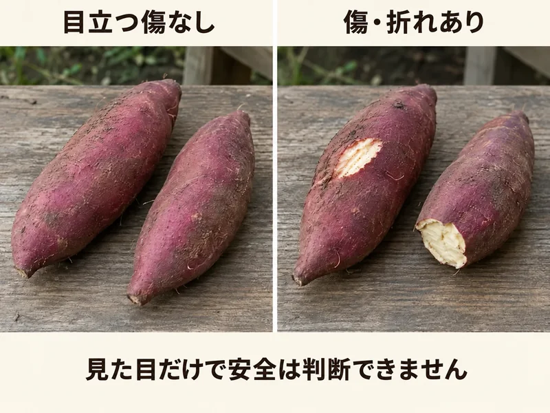目立つ傷のないさつまいもと、表皮の傷・先端の折れがある芋の比較