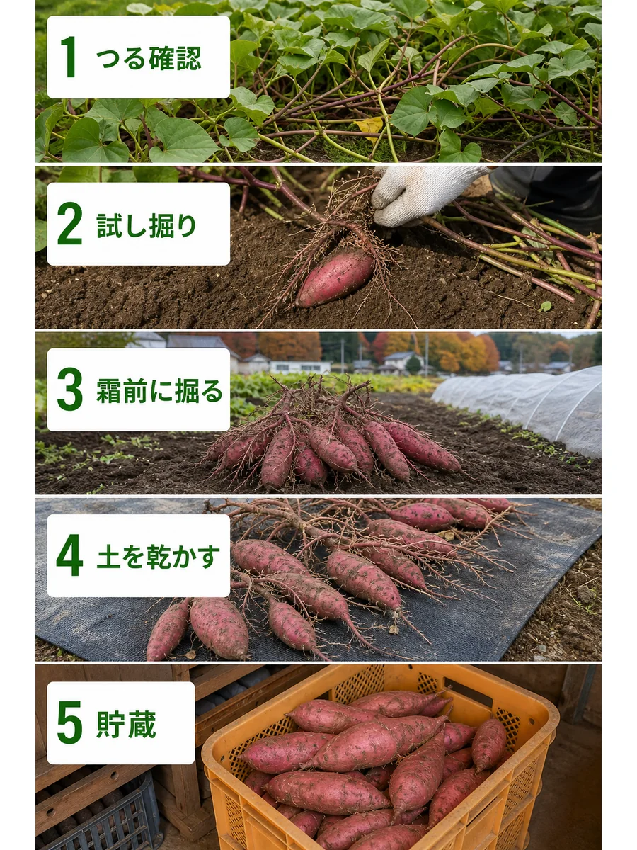 さつまいもの収穫時期の判断手順をまとめた縦長画像
