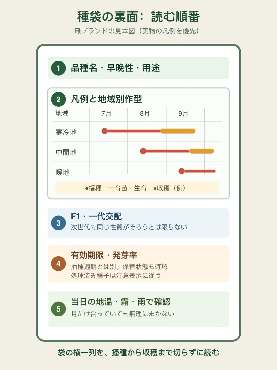 種袋裏面の見本に、地域別作型、播種、定植、収穫、早晩性、F1、有効期限、発芽率の確認位置を示した図