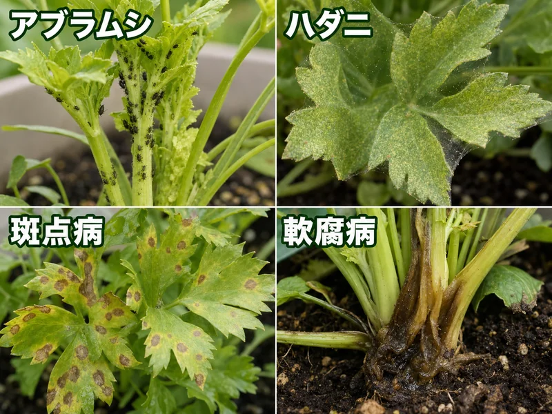 セロリのアブラムシ、ハダニ、斑点病、軟腐病をまとめた診断画像