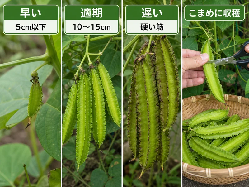 シカクマメの早いさや、適期10〜15cm、硬い遅れたさや、こまめな収穫を比べる画像