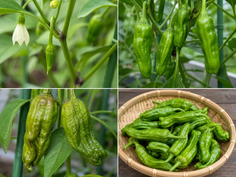 ししとうの未熟、適期、採り遅れ、収穫かごを比較した画像