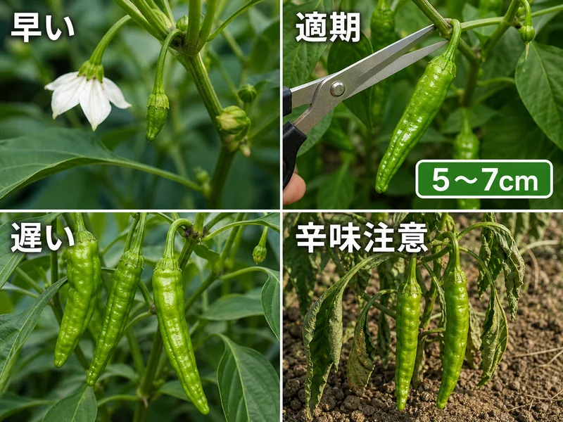 ししとうの早い、適期、遅い、辛味注意を比較した収穫目安画像