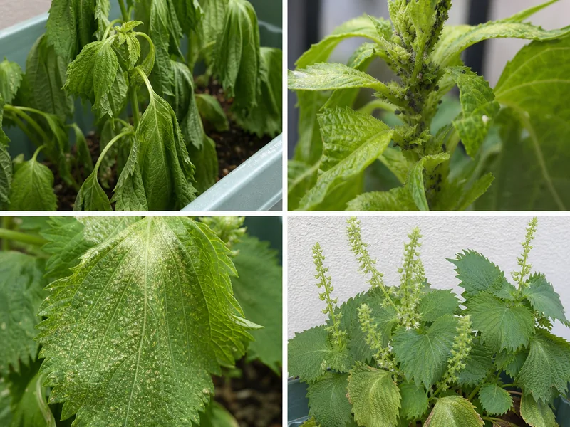 しその水切れ、アブラムシ、ハダニの斑点、花穂後の古葉を比較した画像