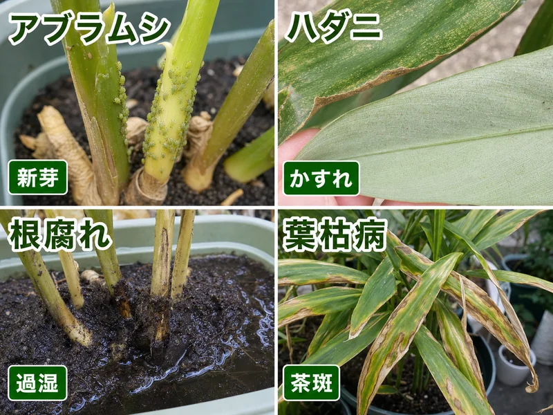 しょうがのアブラムシ、ハダニ、根腐れ、葉枯病をまとめた診断画像