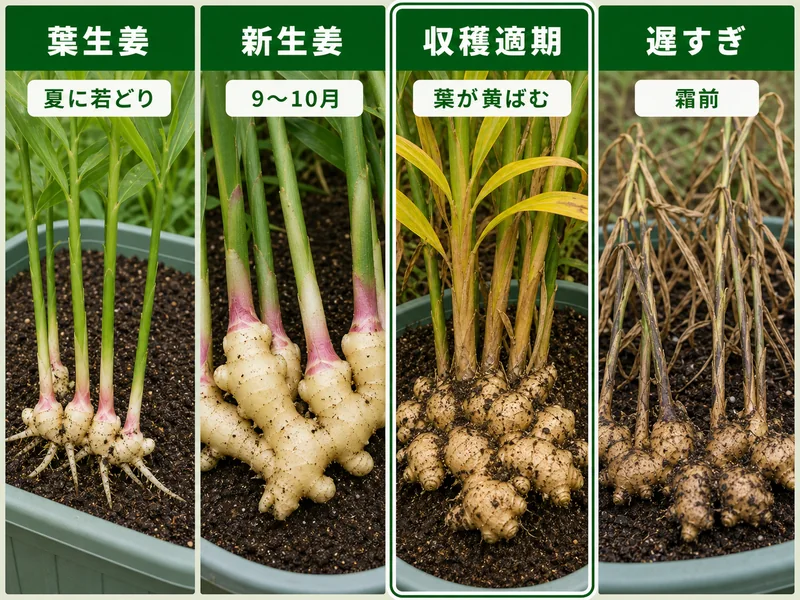 しょうがの葉生姜、新生姜、収穫適期、遅すぎを比較した収穫判断画像
