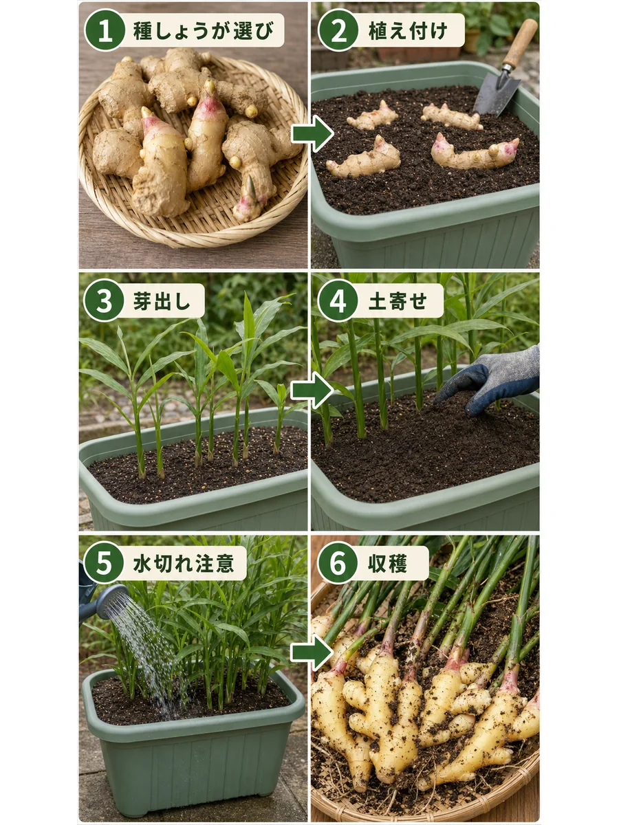 しょうがの種しょうが選び、植え付け、芽出し、土寄せ、水切れ注意、収穫の流れ