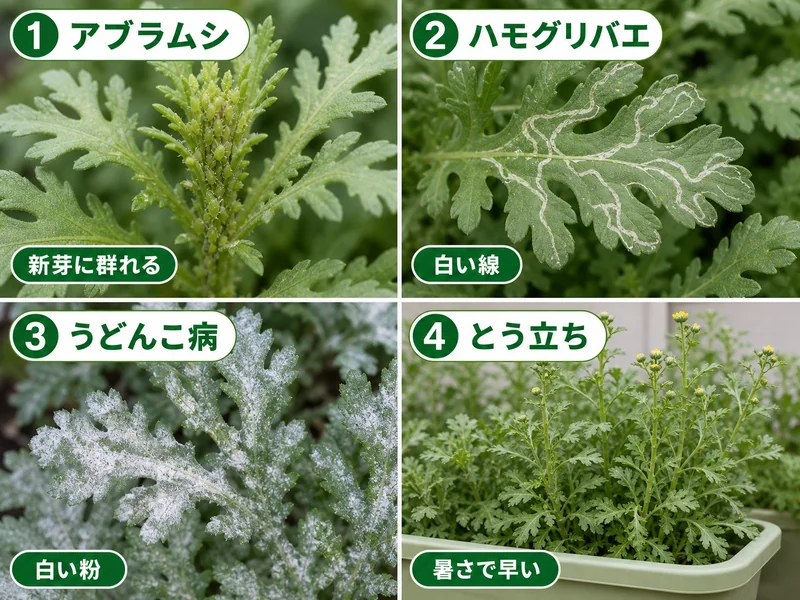 春菊のアブラムシ、ハモグリバエ、うどんこ病、とう立ちをまとめた診断画像