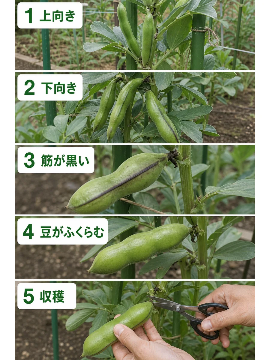 そら豆の収穫サインの判断手順をまとめた縦長画像