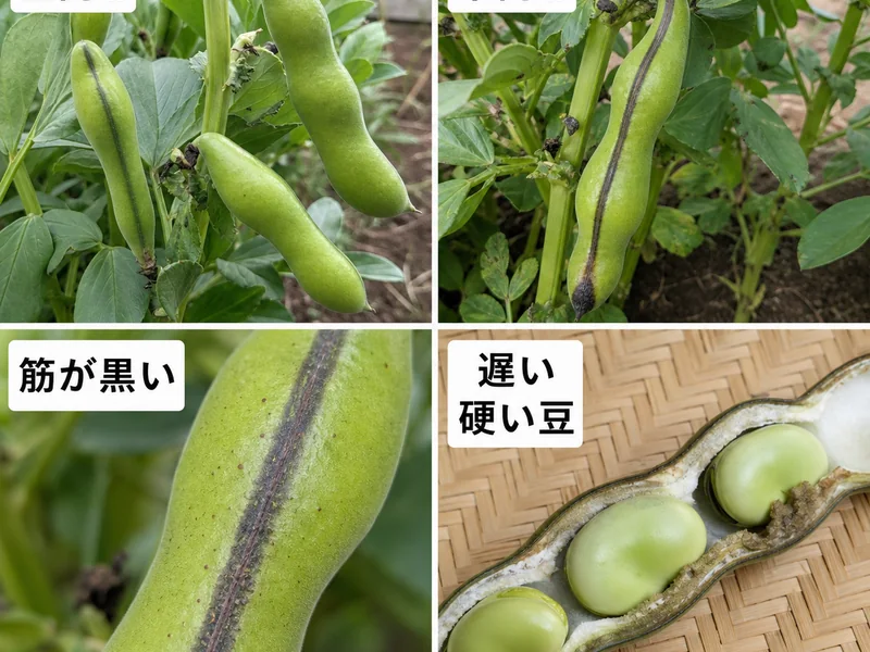 若い緑色のソラマメと完熟して乾いた莢の収穫段階を比較する様子