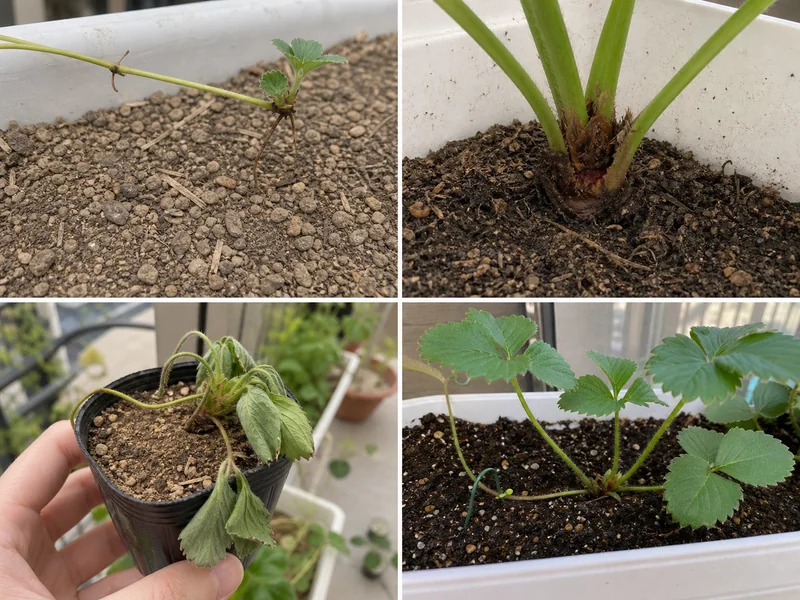 いちごランナー苗の未発根、深植え、乾燥しおれ、正しい固定を比較した画像