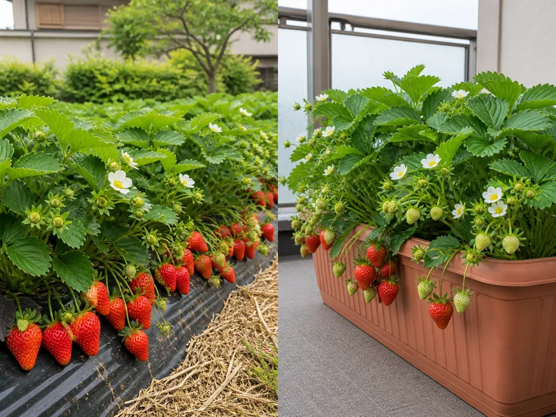 春にまとまって実る露地のイチゴと、花・青い実・赤い実が並ぶプランターを比較したイメージ