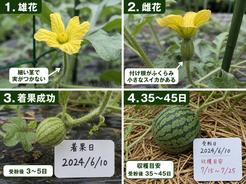 スイカの雄花、雌花、着果成功、授粉後35〜45日の収穫日数を比較した画像