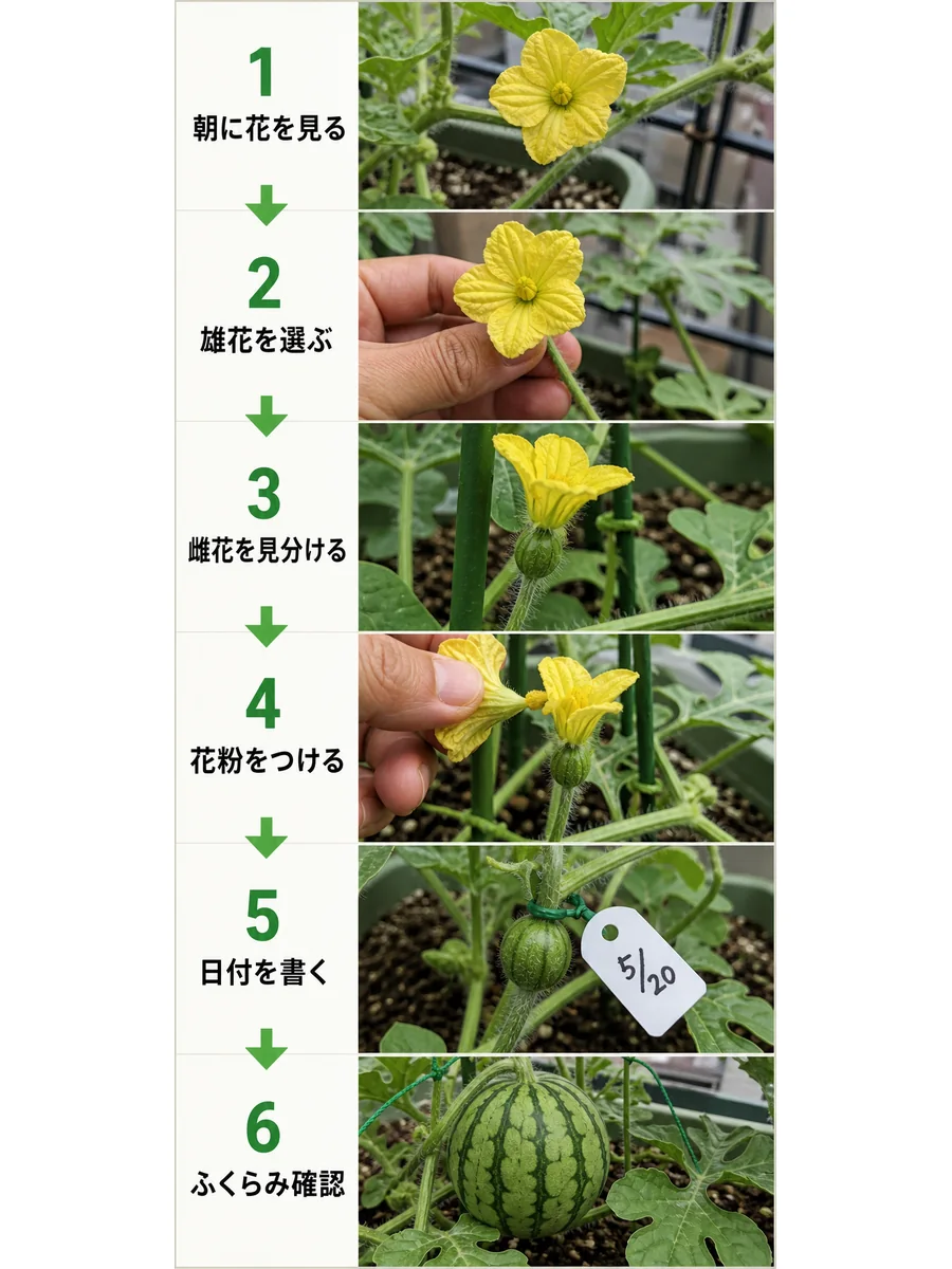 スイカの人工授粉で朝に花を見る、雄花を選ぶ、雌花を見分ける、花粉をつける、日付を書く、ふくらみを確認する手順