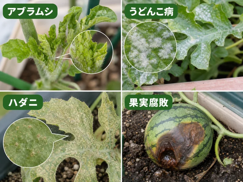 スイカのアブラムシ、うどんこ病、ハダニ、果実腐敗の診断画像