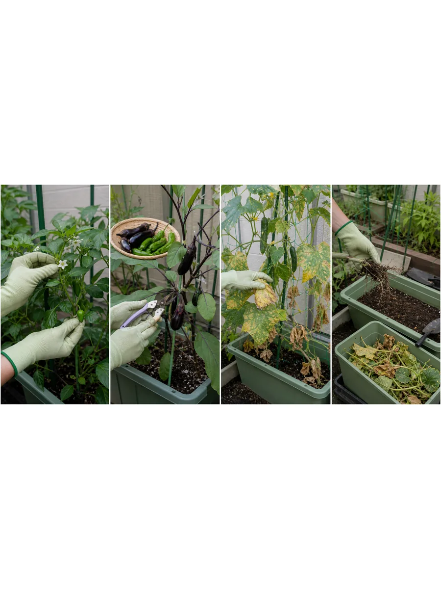 ピーマンの新芽確認、ナスの収穫と更新剪定、弱ったきゅうりの撤収、根と残さの片付け手順