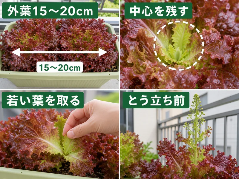 サニーレタスの外葉15〜20cm、中心を残す、若い葉を取る、とう立ち前を比較した画像