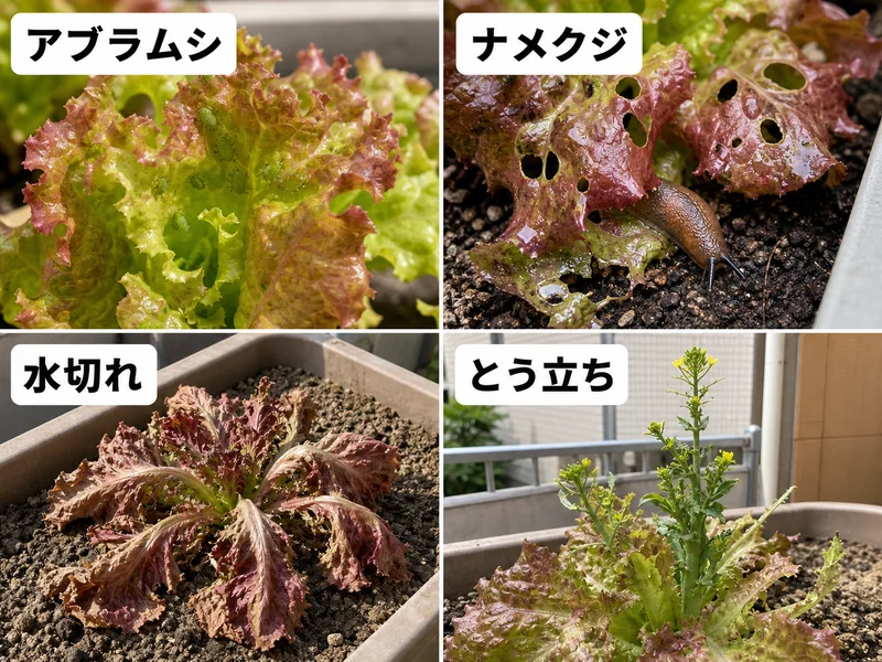 サニーレタスのアブラムシ、ナメクジ、水切れ、とう立ちを比較した画像