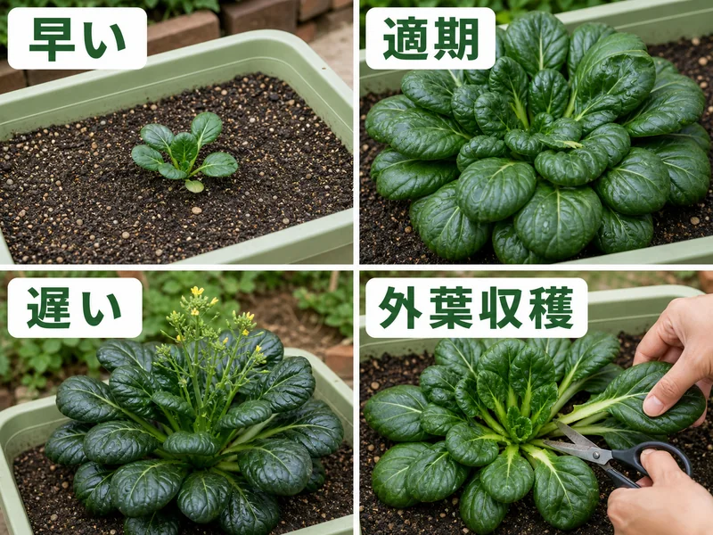 ターサイの早い、適期、遅い、外葉収穫を比較した収穫目安画像