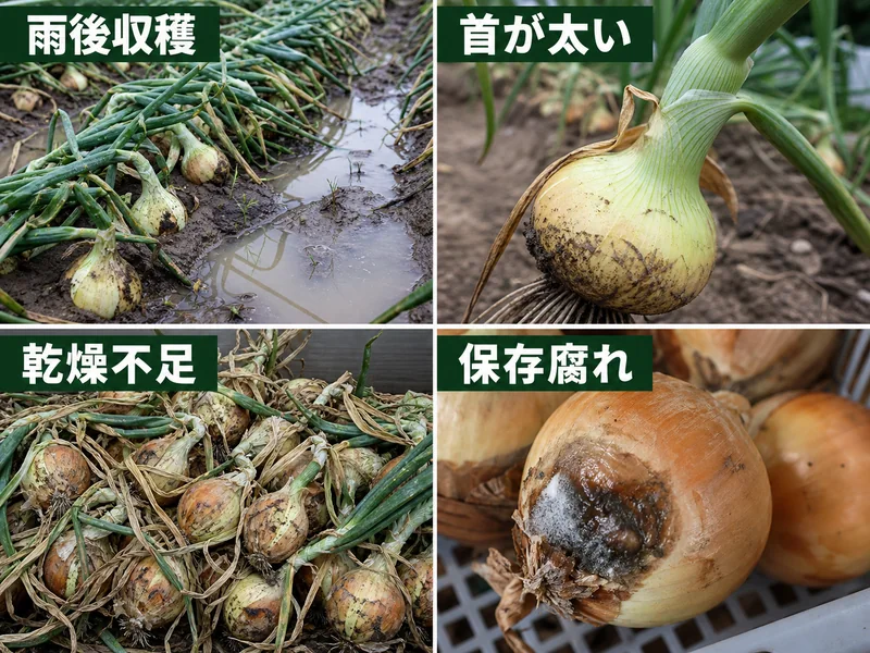 玉ねぎの収穫時期の収穫前後のトラブルを比較した画像