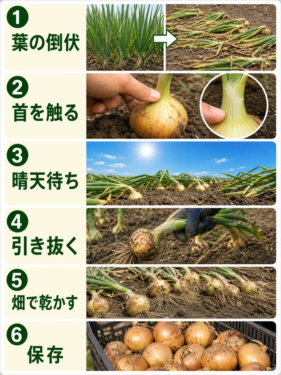 玉ねぎの収穫時期の判断手順をまとめた縦長画像