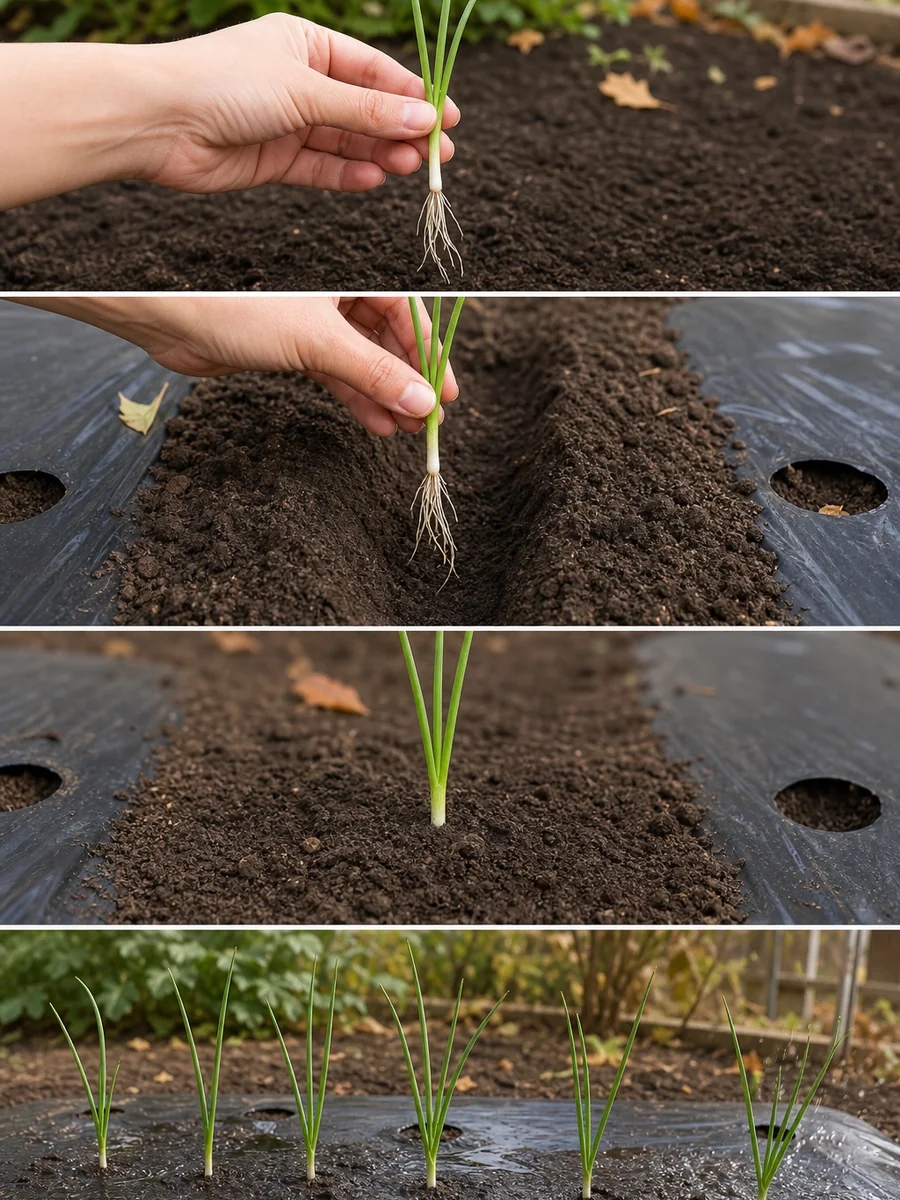玉ねぎ苗の根を伸ばして浅植えし、10〜15cm間隔で水やりする4場面