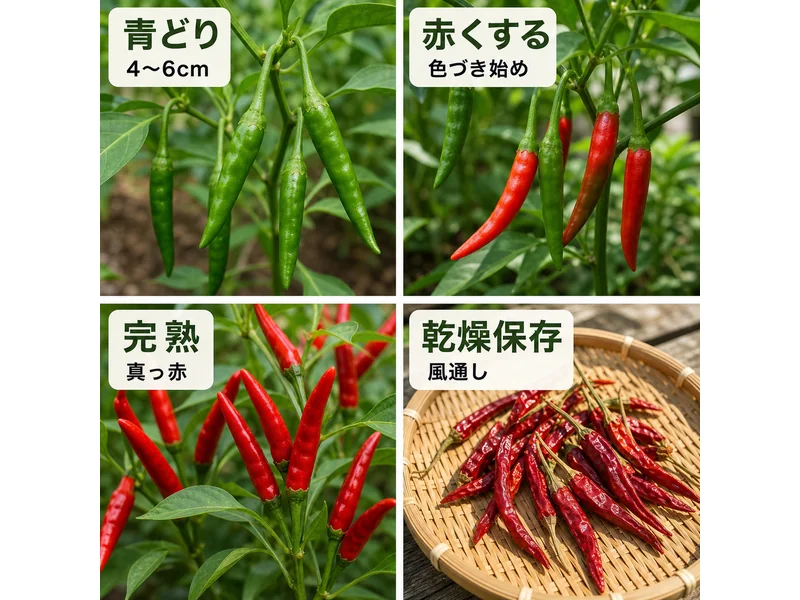 唐辛子の青どり、赤くする、完熟、乾燥保存を比較した収穫目安画像