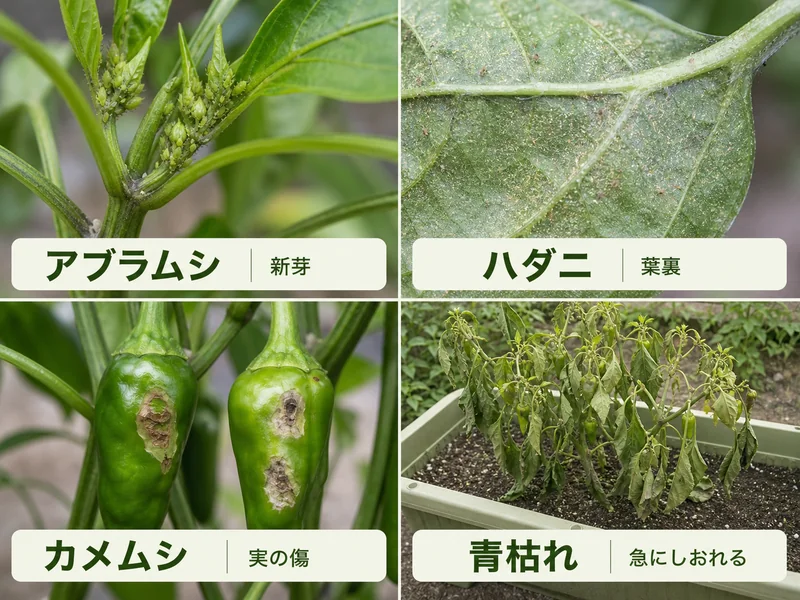 唐辛子のアブラムシ、ハダニ、カメムシ、青枯れをまとめた診断画像