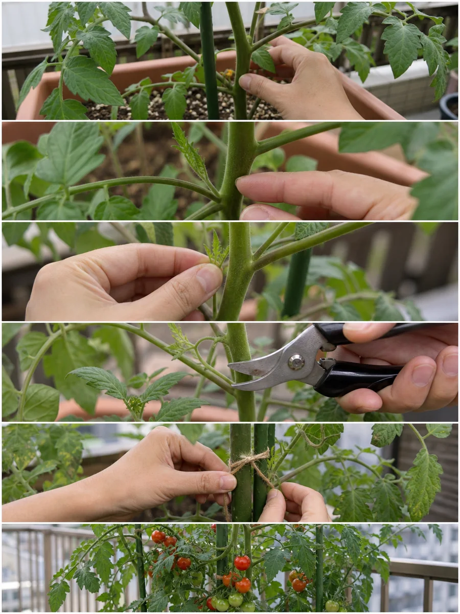 ミニトマトのわき芽を見つけて摘み取り支柱へ誘引する手順