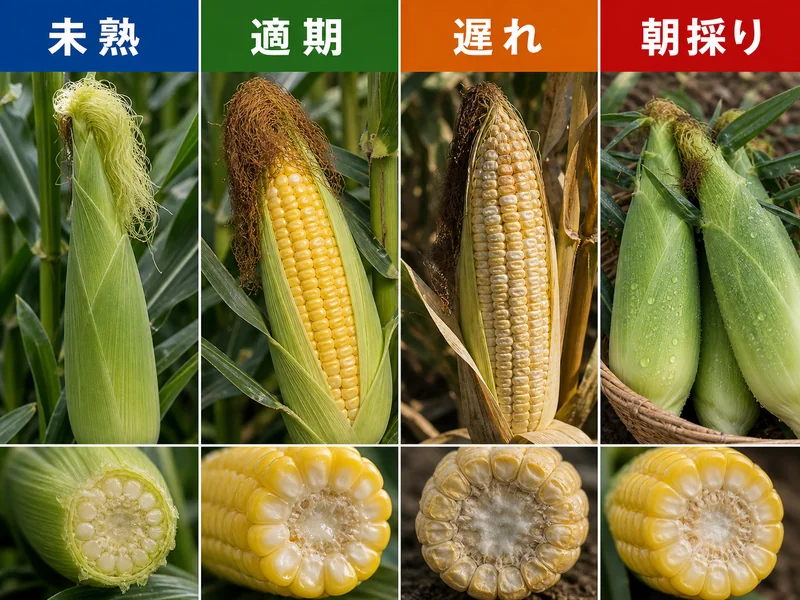 とうもろこしの収穫時期の収穫判断を比較した画像