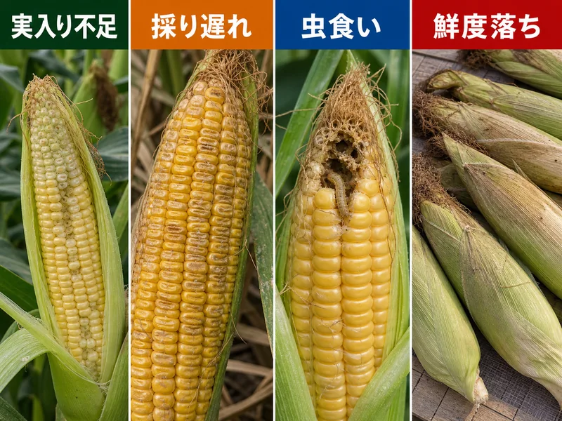 とうもろこしの収穫時期の収穫前後のトラブルを比較した画像