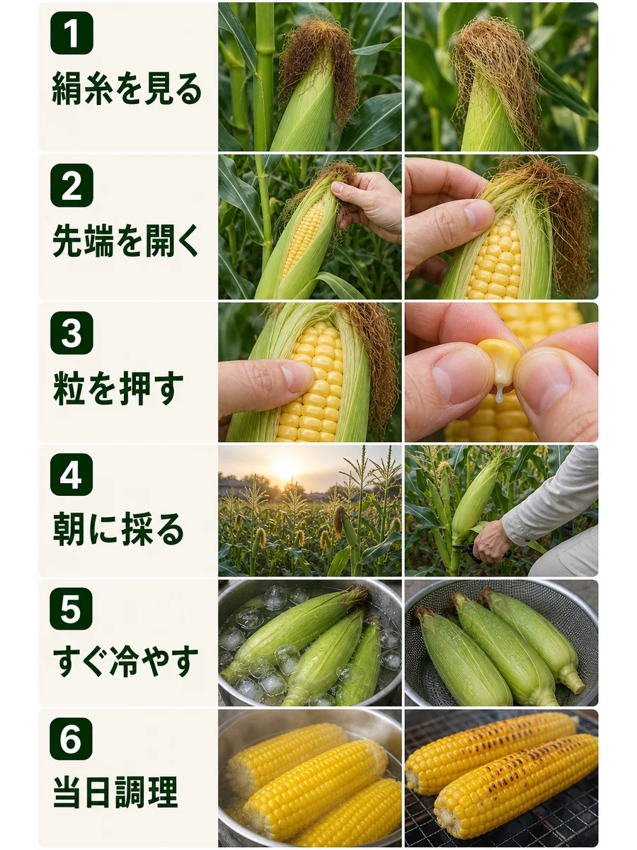 とうもろこしの収穫時期の判断手順をまとめた縦長画像