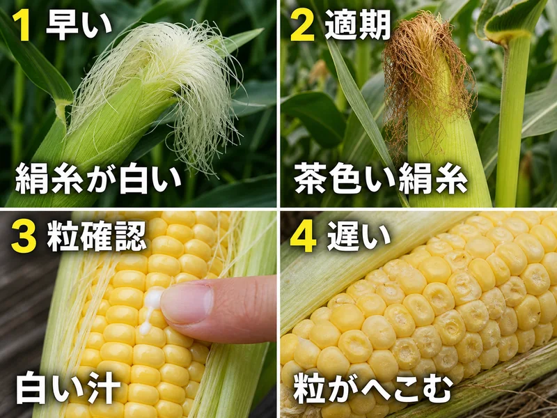 とうもろこしの早い、適期、粒確認、遅いを比較した収穫目安画像