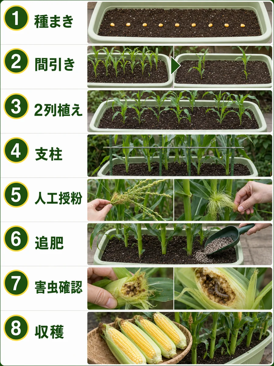 とうもろこしの種まき、間引き、2列植え、支柱、人工授粉、追肥、害虫確認、収穫をまとめた縦長画像