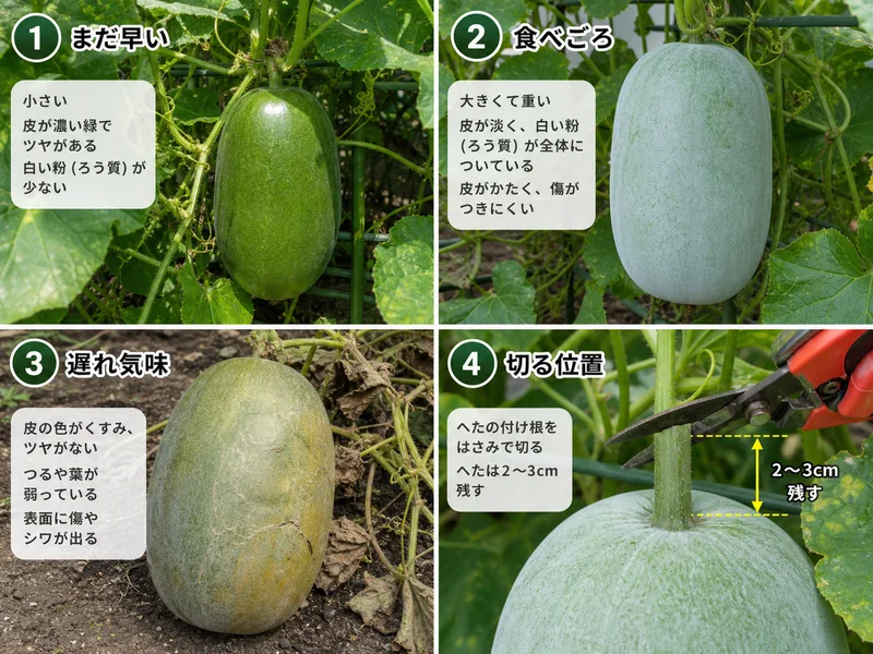 冬瓜のまだ早い、食べごろ、遅れ気味、切る位置を比較した収穫目安画像