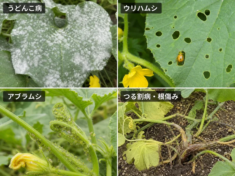 冬瓜のうどんこ病、ウリハムシ、アブラムシ、つる割病と根傷みをまとめた診断画像