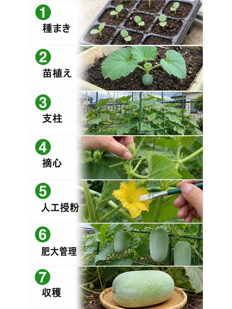 冬瓜の種まき、苗植え、支柱、摘心、人工授粉、肥大管理、収穫をまとめた縦長画像